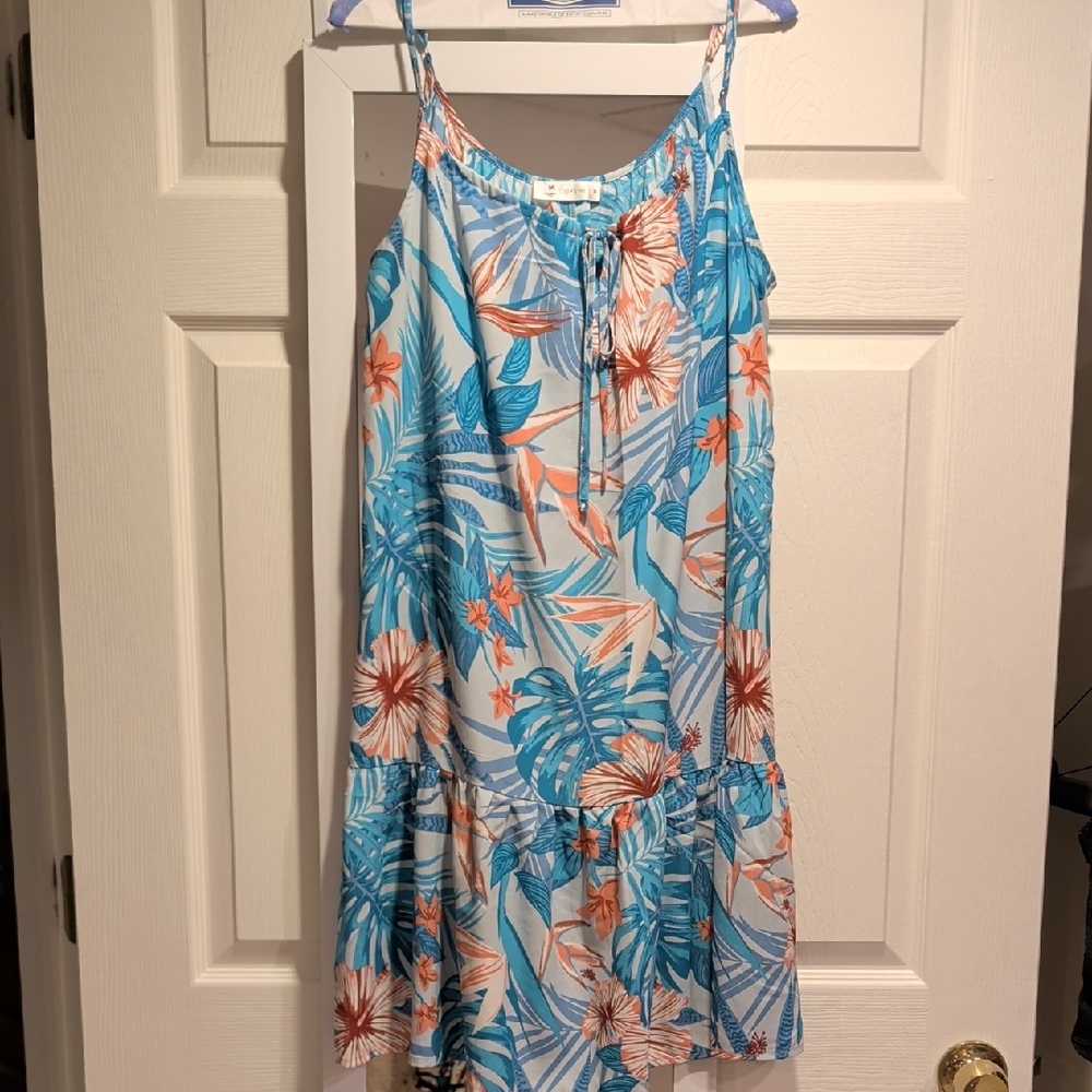 Cupshe Tropical Blue & Coral Floral Spaghetti Strap Sundress/ Swim Cover Up